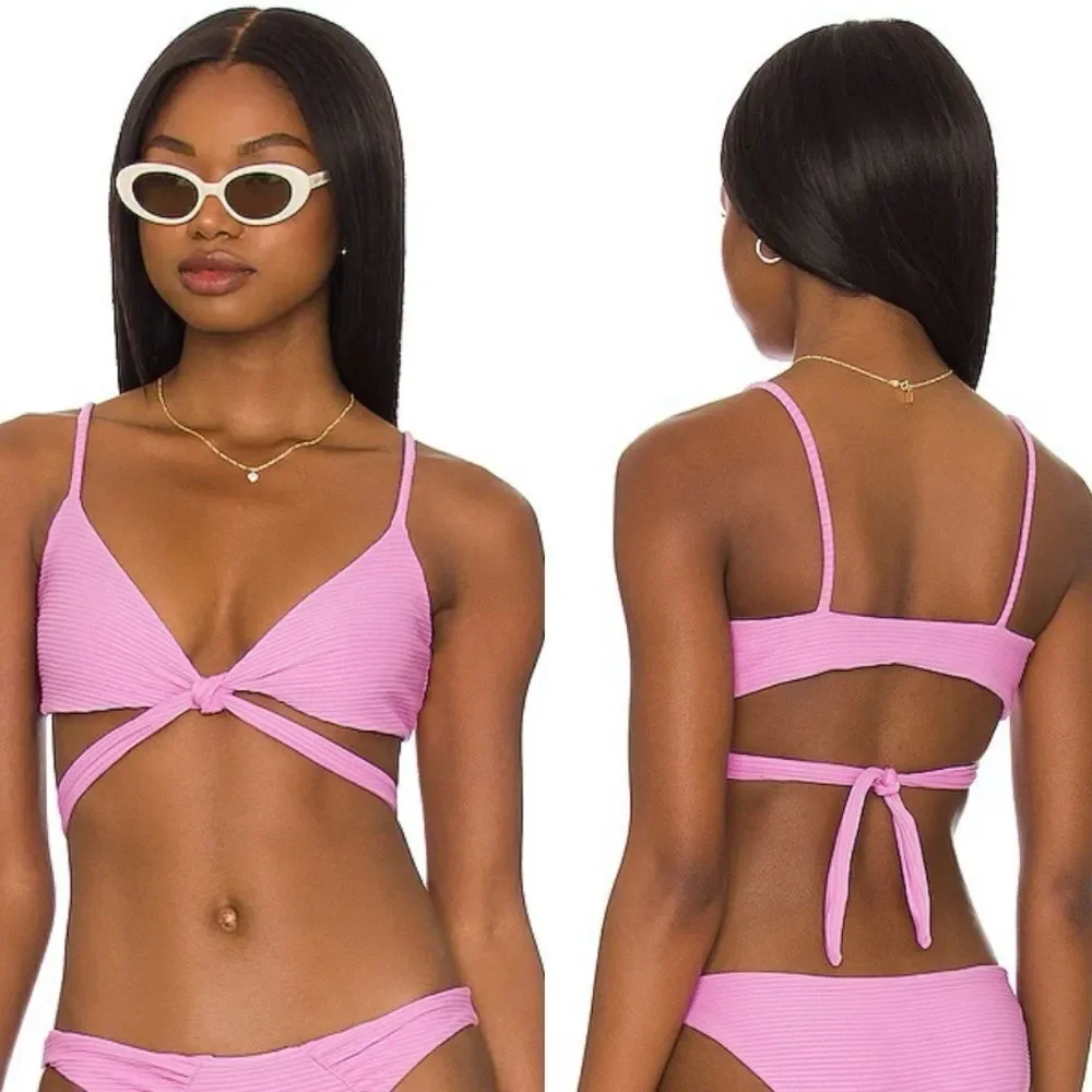 L*SPACE Chloe Ribbed Bikini Top Medium Tie Waist Adjustable Rosebud Purple Pink